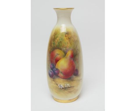 Royal Worcester fruit decorated small vase, by E Townsend, date code for 1925, ovoid form with a flared neck, signed and with
