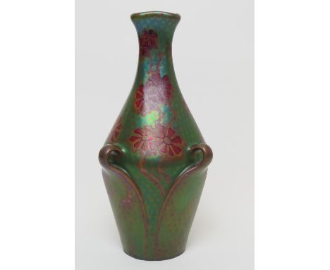 Zsolnay Pecs Eosin vase, in Art Nouveau style, modelled with a waisted square section neck on a baluster body, with four lug 