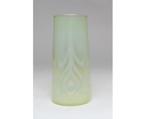 Edwardian vaseline glass lamp shade, attributed to James Powell, circa 1900-10, slightly tapered cylinder form, internally de