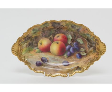 Royal Worcester fruit dish, by T Lockyer, date code for 1924, decorated with apples and damsons, the shaped oval plate with g