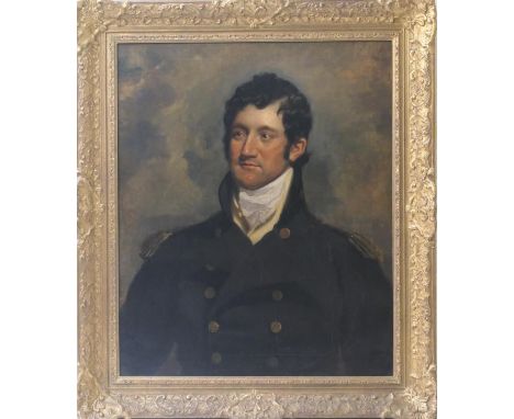 Follower of Sir Thomas Lawrence (1769-1830), Portrait of a naval officer in dark blue tunic, oil on canvas, 75cm x 62cm 