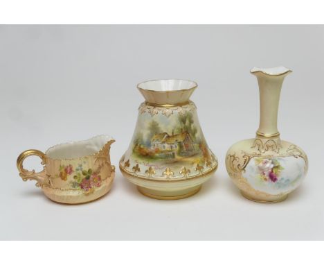 Grainger &amp; Co. Worcester vase, circa 1897, shape G685, decorated with a view of Anne Hathaway's cottage against a peach g