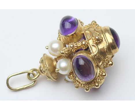 Italian 18ct gold amethyst and pearl fob/pendant, cannetille form set with five cabochon amethysts, and shouldered with four 