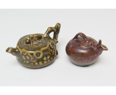 Flambe glazed gourd form water dropper, 6cm; also a treacle glazed water dropper in the form of a teapot with cicada finial, 