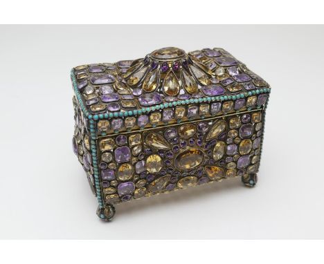 Late Victorian or Edwardian jewelled silver gilt casket, circa 1900, rectangular form worked throughout with semi-precious st