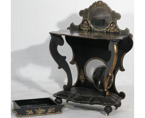 Victorian black lacquered papier mache lady's dressing table, circa 1850, the back having a circular mirror over a top inlaid