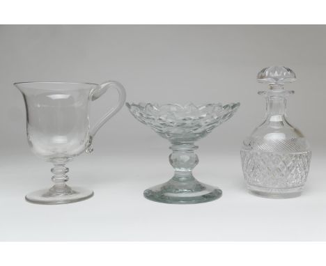 George III cut glass sweetmeat dish, 15cm diameter; also a Victorian glass pedestal mug, 16cm; and a later cut glass spirit d