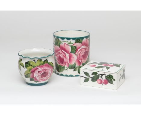 Wemyss fern pot, decorated with bold pink roses with green foliage, painted and impressed mark, height 9.5cm; also a Wemyss c