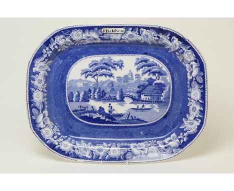 Staffordshire named Wild Rose pattern blue and white printware meat plate, circa 1820-40, the border with a cartouche inscrib