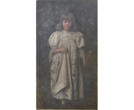 Robert Edward Morrison (1851-1924), Portrait of a young girl in a white dress, full length, oil on canvas, signed, unframed, 