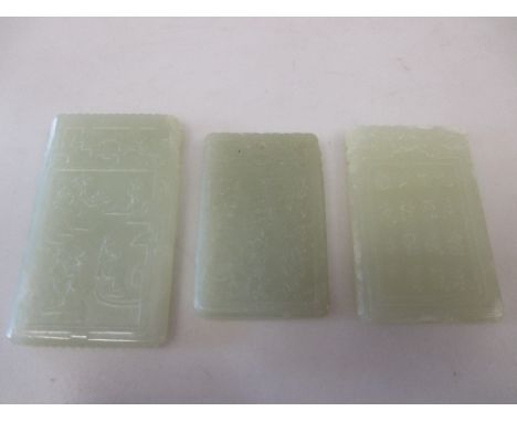 Lu Zigang, a rectangular green jade pendant, bearing inscription and signature on one side, the other with a boy pouring a dr