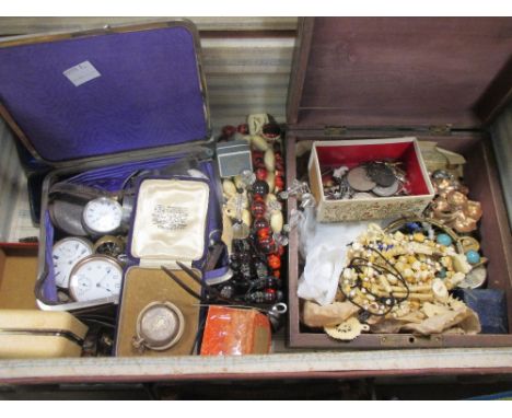 Various old pocketwatches, costume jewellery, and other small items including pair of 9ct torpedo cufflinks  
