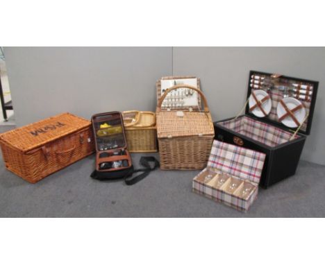 Three picnic hampers/sets, a picnic coffee maker and a Fortnum & Mason wicker hamper (5). From the collection of the late Chr
