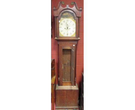 A George IV oak longcase clock with painted arched dial depicting hunting scenes, 8 day movement  