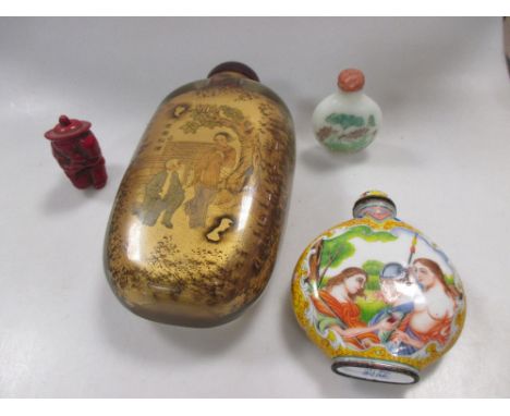 An interior painted large snuff bottle, a glass snuff bottle, another red lacquer and an enamel snuff bottle, (4)  