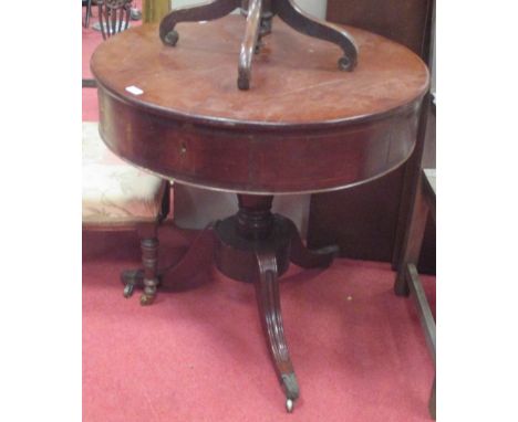 A Regency mahogany drum top table, on a turned column and tripod base, 75cm diameter x 73cm high  