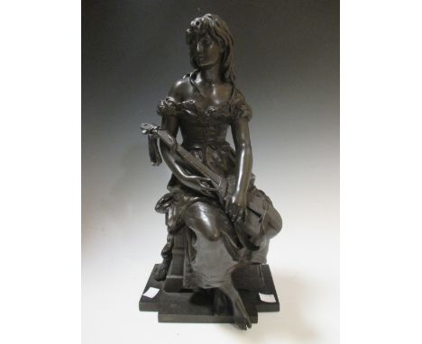 After Moreau, a spelter figure of a girl holding a lute, 40cm high  