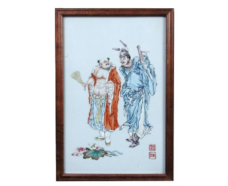 Four Chinese Republican period plaques, each with the seal mark Xiren and painted with pairs of Daoist immortals, 37 x 24cm (