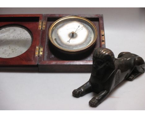 A mahogany cased aneroid barometer by E. J. Dent, Paris, together with a brass model of a sphynx (2)  