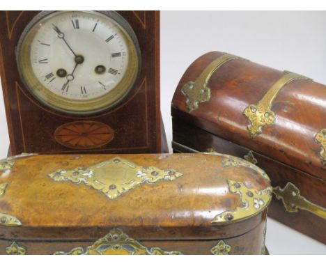 A Victorian figured walnut glove box, a dome top stationary box and a mohogany bracket clock  