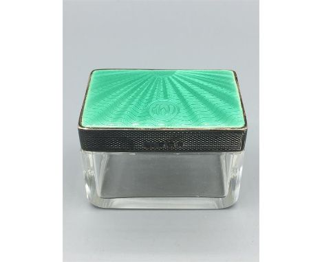 A silver and enamel topped glass Ladies dressing table pot, hallmarked Birmingham