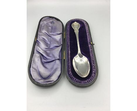 A Christening spoon, possibly 1844 in a Prussian blue case
