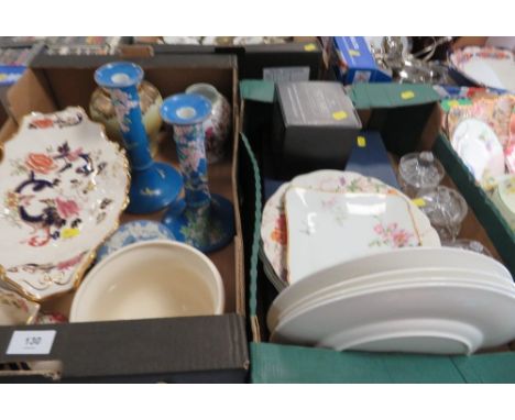 Two trays of ceramics and glassware to include a Masons Mandalay comport, jug and planter, Picardy candlesticks etc