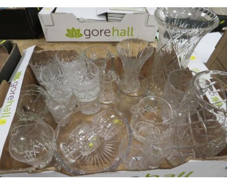 Three trays of cut glass crystal to include a lamp