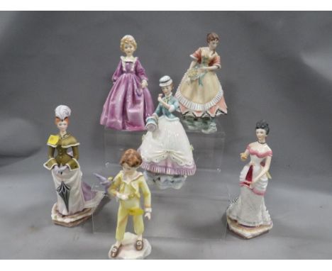 A collection of six Royal Worcester figurines to include "Grandmother's Dress" in purple colourway and "The Parakeet"