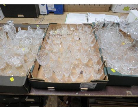 Three trays of cut glass crystal to include a table lamp