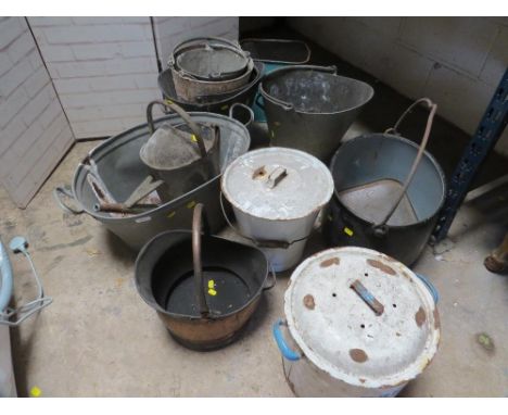 A large selection of galvanised buckets and enamel bread bins together with a copper coal scuttle