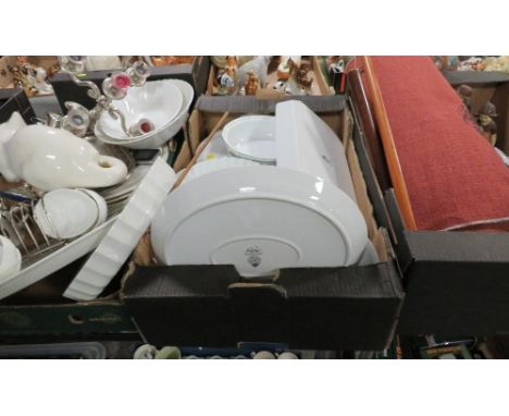 Three trays of ceramics and sundries to include Royal Worcester, candelabra etc