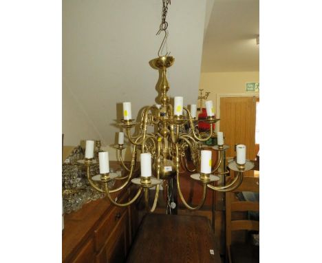 A large brass Flemish style 18 branch chandelier, H 62 cm approx.