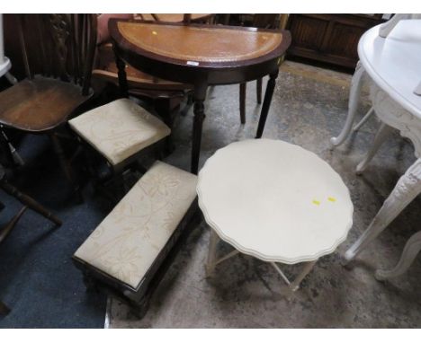 A mahogany console table together with two oak stools and a white painted occasional table (4)