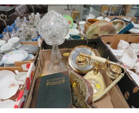 A tray of collectables to include a glass lamp