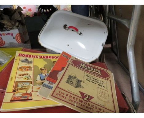 An enamel bread bin, lockable enamelled metal box, brass beer taps etc