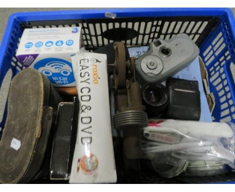 A tray of vintage cameras, vintage style telephone, wi-fi adapters, binoculars and playboy hair straightens etc