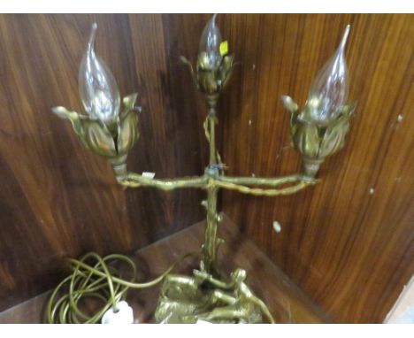 A gilt metal brass lamp base with Deco style semi-nude figure with a fawn at the base of a tree with four electric lights - o