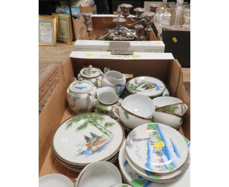 A tray of  metal ware to include candelabra  together with a tray of oriental style tea ware