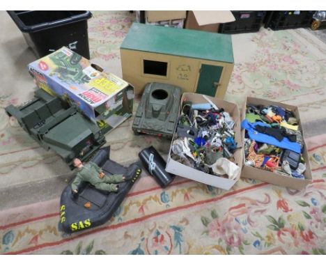 A selection of vintage Action man items to include Action Man, vehicles home made hut, a large selection of vintage Action Ma