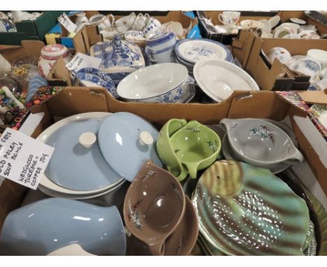 A tray of blue/white dinner ware together with a tray of old Foley and Wedgwood