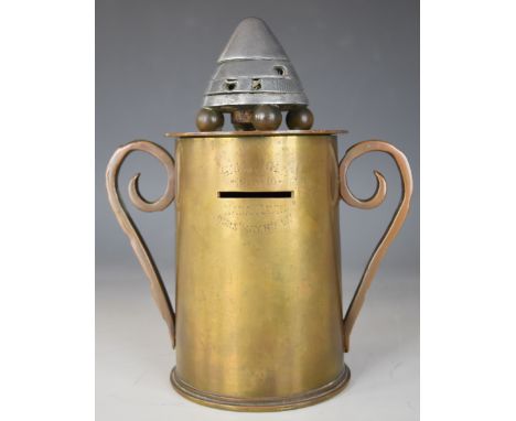 Gallipoli WW1 interest trench art money box, with timer finial and base made from a part shell case dated 5/15, inscribed aro