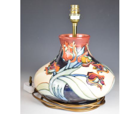 Moorcroft pottery pedestal squat table lamp with stylised tulip decoration, height without shade 31cm