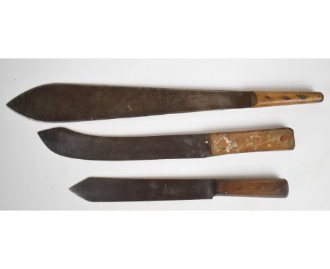 Three vintage machete knives Kitchin 'Snake' Brand, Sheffield with 44.5cm blade, Conservative with 25cm blade and one other w