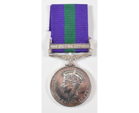 British Army George VI General Service Medal with clasp for Palestine named to 6283413 Pte E J Pugh, Queen's Regiment