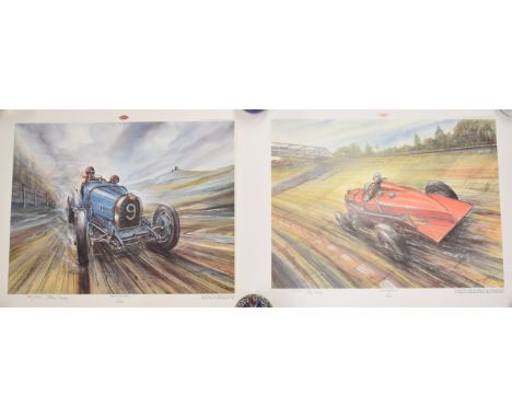 Two Phil May signed limited edition (of 500) pre war car racing prints, comprising Full Throttle depicting a Bentley racing a