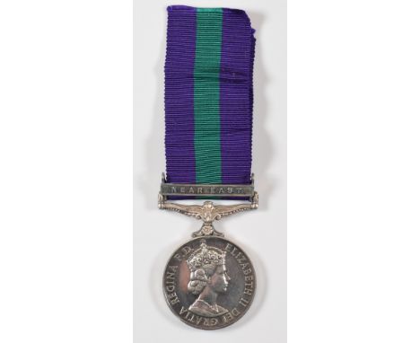 British Army Elizabeth II General Service Medal with clasp for Near East named to Lt E C Healy, Royal Pioneer Corps