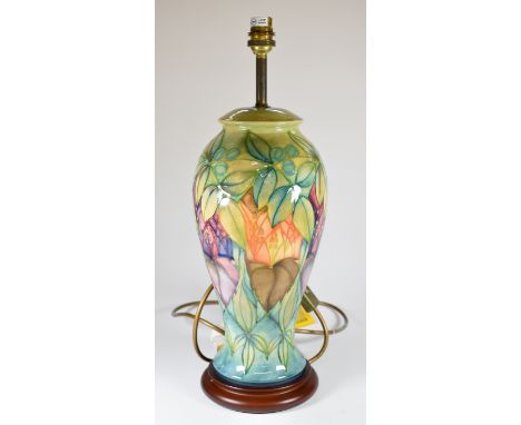 Moorcroft pottery table lamp with geometric green foliage decoration, height without shade 44cm&nbsp;