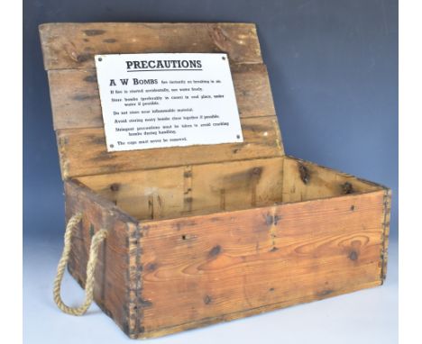 A W Bombs wooden crate with enamel sign to the inside 'Precautions' and 'A W Bombs Fragile Glass Highly Inflammable Do Not Dr