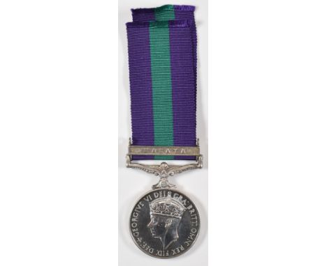 British Army George VI General Service Medal with clasp for Malaya named to 22183211 Pte D F Tasker, Devonshire Regiment, wit